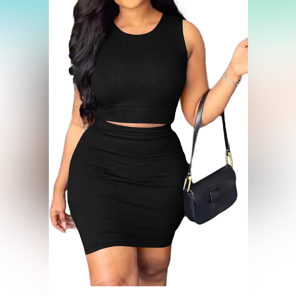 Blk XL Women's Summer 2 Piece Outfit Sleeveless Crop Tank skirt set